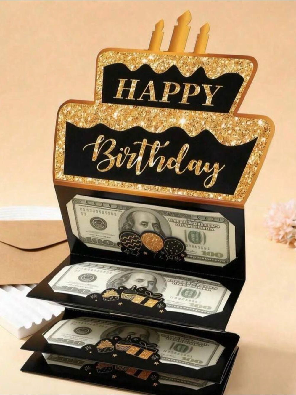 Gold & Black Happy Birthday Money Card
